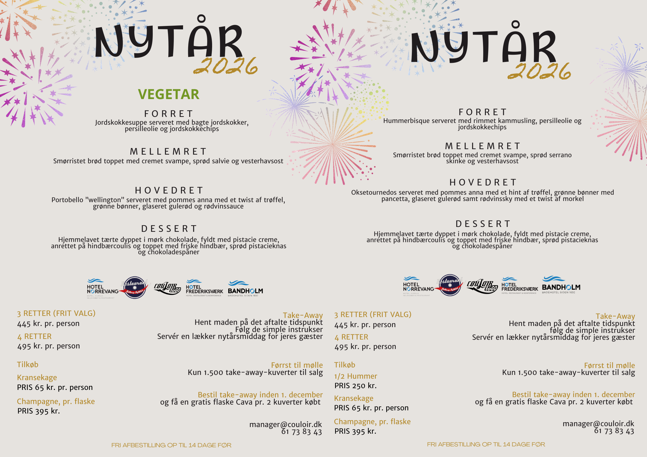 Couloir to-go To menuer til nytårsaften 2026, en vegetarisk og en almindelig, vises side om side på en festlig baggrund med farverigt fyrværkeri og konfetti. Hver menu viser retter, priser og kontaktoplysninger på dansk.
