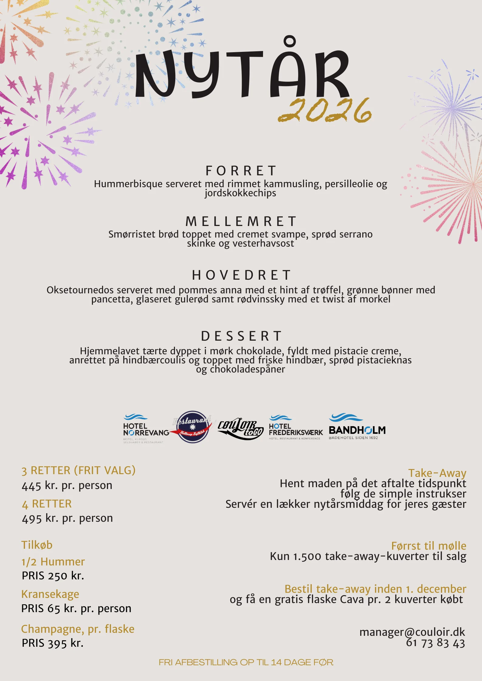 Couloir to-go En farverig nytårsmenu for 2026 med grafik af fyrværkeri. Den viser en 3-retters menu med fisk og skaldyr, oksekød og dessert, plus oplysninger om take-away, priser og kontaktoplysninger på dansk.